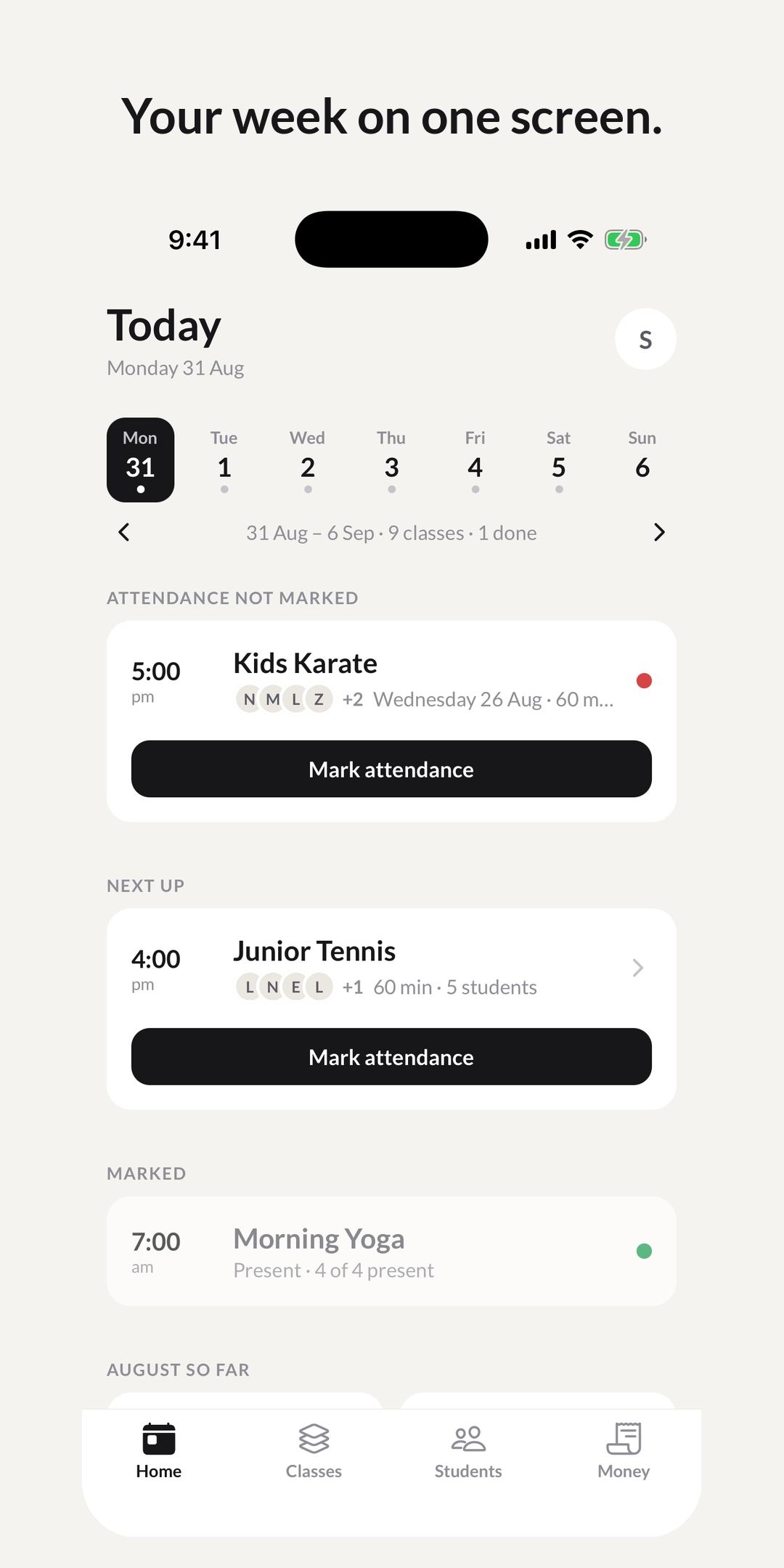 Your week on one screen — every class on its day